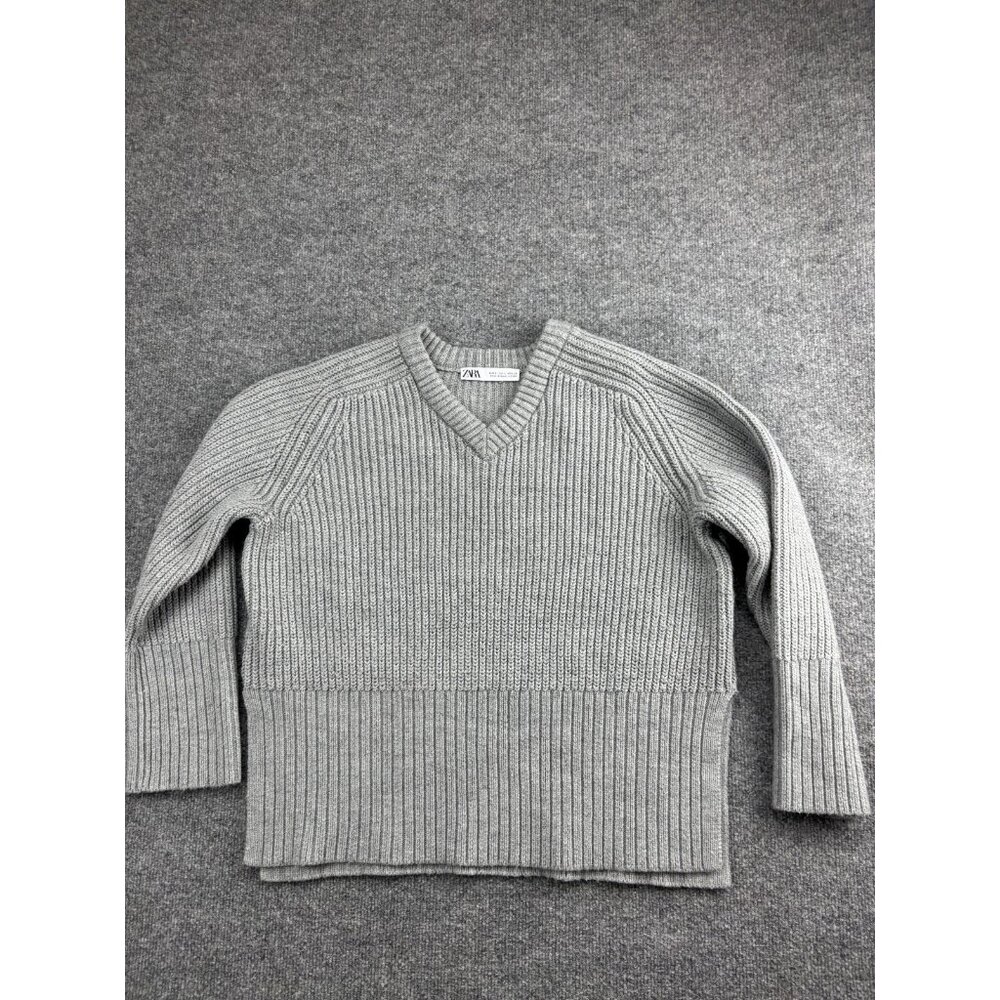 Zara Sweater Women's S‎ Gray Cable Knit Wool Blend V Neck Pullover Side Slits